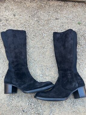 Paul Green Black Suede Mid-Calf Block Heel Boots